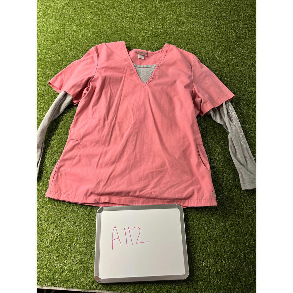 Katherine Heigl Pink Long Sleeve Layered Style Scrub Top Gray Floral‎ Womens M